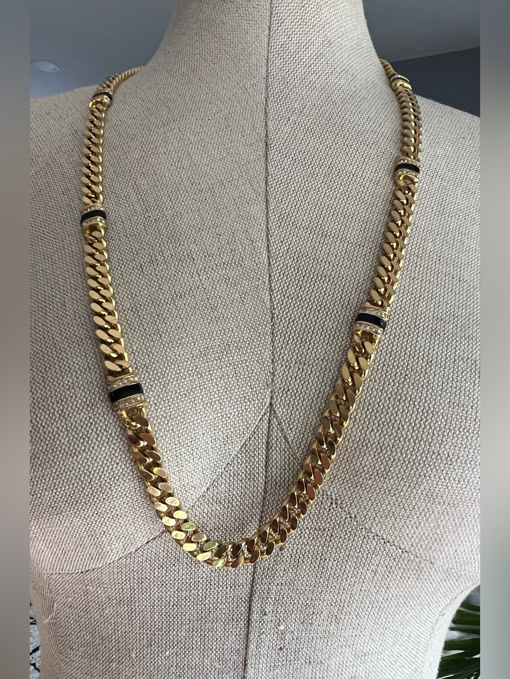 Les Bernard Gold-Tone Cuban Link Necklace with Black Accent Rings